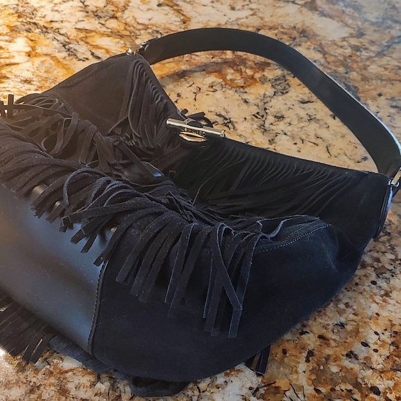 Calvin Klein black "leather" fringed shoulder bag preowned good cond inside out. - Picture 5 of 16